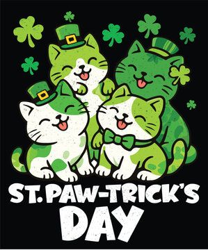Cute St Patrick&rsquo;s Day Cartoon Cats Illustration with Shamrocks,T-shirt Design