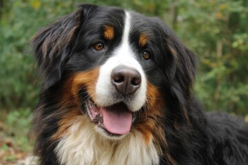Bernese Mountain Dog enjoying a peaceful day outdoors in the forest surrounded by greenery