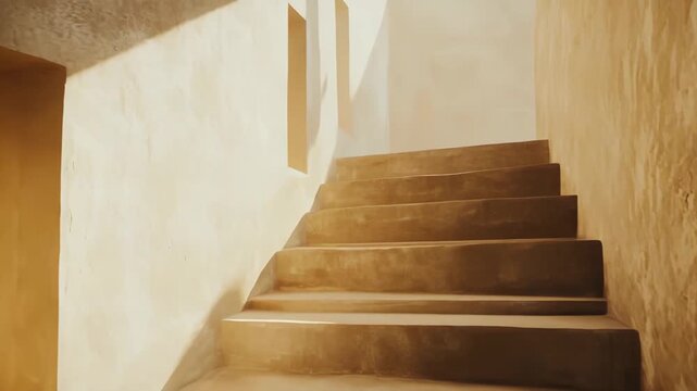 Smooth architectural staircase with clean lines creating a visual path upwards, illuminated by sunlight casting strong geometric shadows across the textured walls and concrete steps