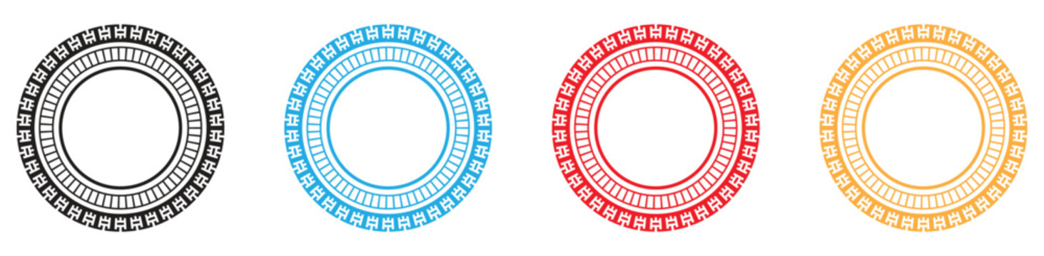 Decorative circular frames featuring greek key and striped patterns in multiple colors
