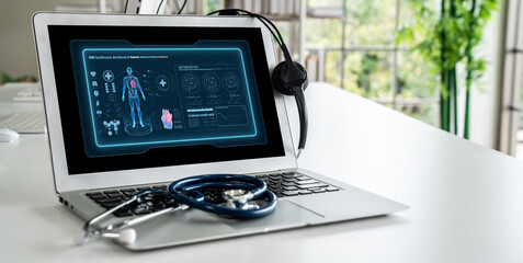 Medical science technology and futuristic healthcare virtual computer software analyze human health...