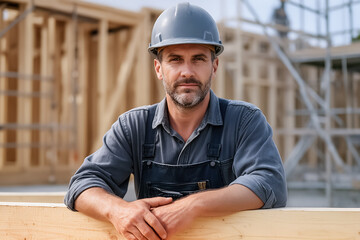 Carpenter wearing a safety helmet at a wooden house construction site. Perfect for construction industry marketing, building services, craftsmanship, and professional labor concepts.