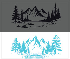 Obraz premium Mountain landscape with pine trees in silhouette and blue glow