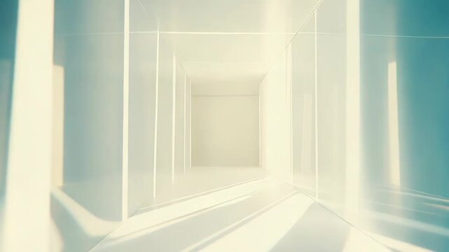 Light streaming through an abstract linear corridor, highlighting the sharp architectural forms and creating a profound sense of depth and progression towards a well lit destination