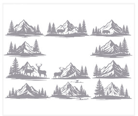 Obraz premium Mountain landscapes with trees and moose in a vintage drawing style