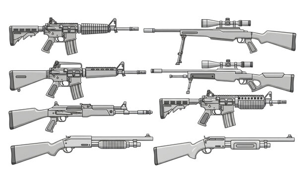 Cartoon military firearms collection with assault rifles sniper rifles and shotguns isolated on transparent background