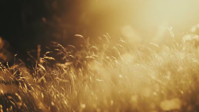 Warm golden sun rays creating a serene, dreamy atmosphere, glowing through blurred tall grass and bokeh light, depicting a peaceful natural background during sunset or sunrise