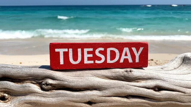 A red block with the word Tuesday in white letters resting on driftwood with a beach and ocean in the background