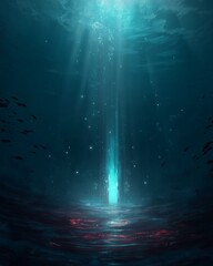 Obraz premium Ethereal Underwater Light Shaft Illuminates the Ocean Floor Depths