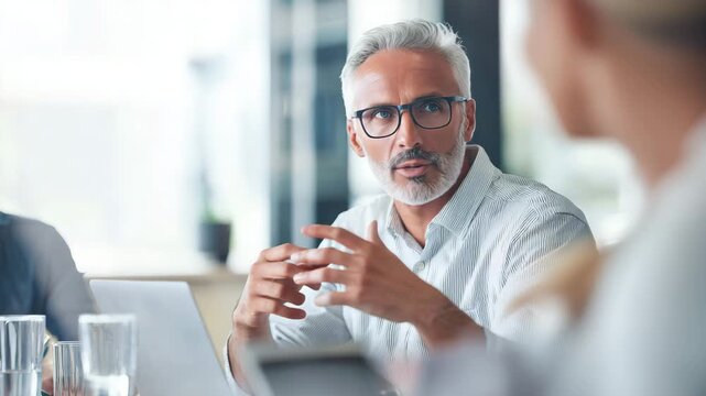 a business conference training session in a modern meeting room male presenter standing and speaking to an audience, professional 4K