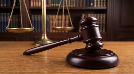 A dark wooden judge's gavel resting on a sounding block beside the golden scales of justice in a dimly lit courtroom setting with law books.