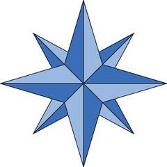 Obraz premium Blue compass star vector with sharp symmetrical points. Clean navigation symbol isolated on white background. Ideal for direction, travel, map design, and orientation concepts.