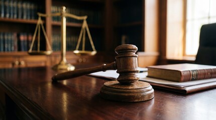 Wooden judge's gavel resting upon a dark polished surface beside antique legal books and the iconic brass scales of justice symbolizing law and order.