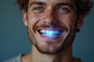 Title: Captivating portrait of a stylish young man with a futuristic holographic dental implant, blending innovation with aesthetics.