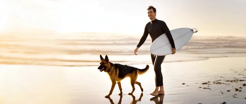 Latino Hispanic male surfer in a black wetsuit walking on wet sand near the ocean, carrying a white surfboard, playful German shepherd dog jumping next to him, warm golden hour 4K