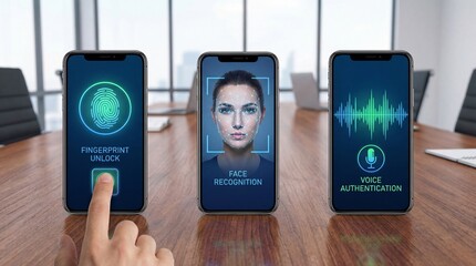 Three modern smartphones demonstrating advanced biometric security methods including fingerprint face recognition and voice authentication technology concepts