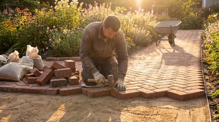 Dedicated tradesman kneeling on sand to meticulously lay red clay bricks in a herringbone pattern for a beautiful garden pathway project during golden hour sunlight