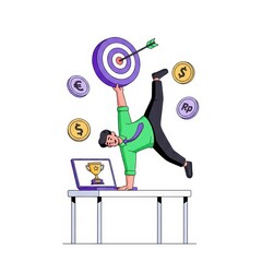 Man balancing on table with laptop and target board on white background