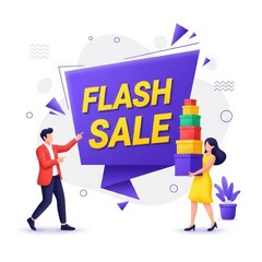 Man and woman holding a large purple flash sale sign with colorful blocks