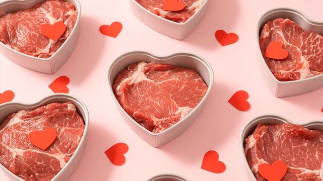 Raw meat cuts in heart shaped molds with red decorations on pink backdrop