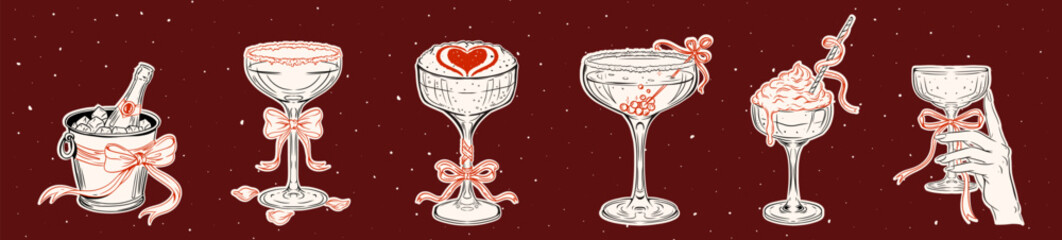 Coquette aesthetic cocktail sticker set with champagne ice bucket and red bows