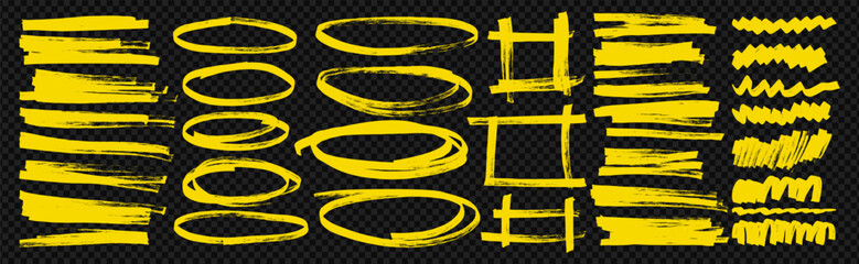 Yellow highlighter marker strokes and hand drawn felt tip pen circles set on dark background