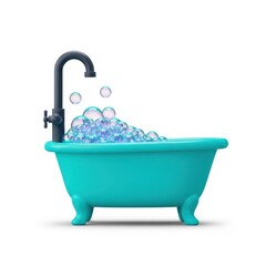 A teal bathtub filled with bubbles and water from a black faucet