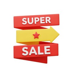 3d rendering of a super sale sign with red and yellow arrows on white background