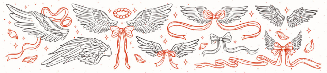 Coquette aesthetic angel wings set with red bows and ribbons in hand drawn line art style