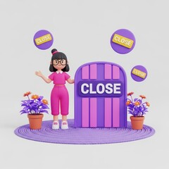 Woman standing next to purple door with close signs on white background