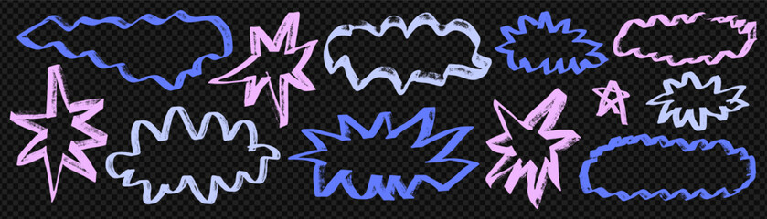 Neon pink and blue marker speech bubbles with hand drawn star bursts on like PNG background