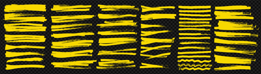 Yellow highlighter marker strokes and long felt tip pen brushes set for underlining on like png background