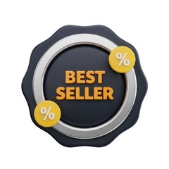 Best seller badge with silver border and yellow percent signs on white background