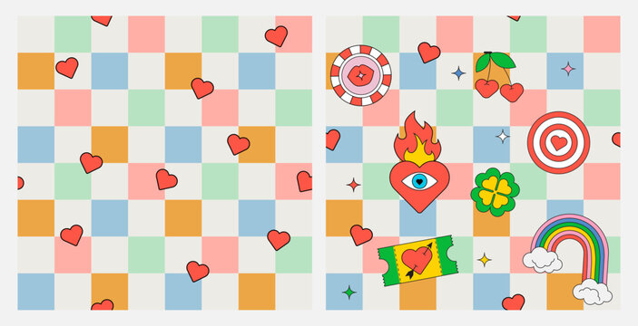Retro Cute Checkered Seamless Pattern with Hearts and Playful Game Elements. Vintage Groovy Geometric Background for Fabric, Textile, Wrapping Paper, Nursery Decor and Creative Design Use