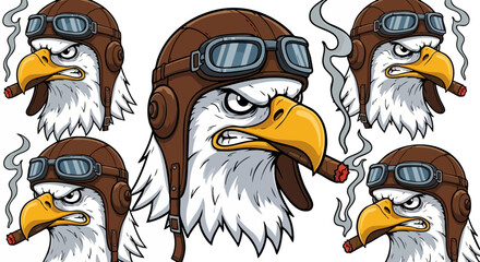 Obraz premium Ferocious bald eagle mascot wearing vintage leather aviator helmet and smoking a cigar in bold graphic style