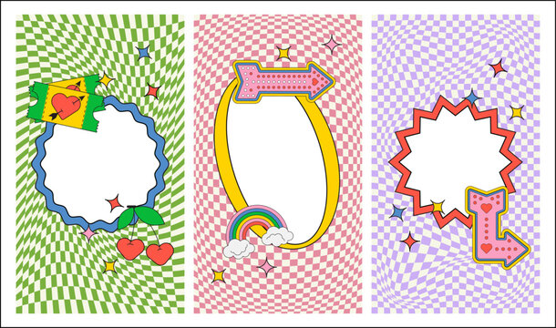 Set of 3 Vertical Retro Prints with Geometric Photo Frames and Fun Stickers on Distorted Checkered Backgrounds. Trendy Social Media Story Templates in Vintage Graphic Style