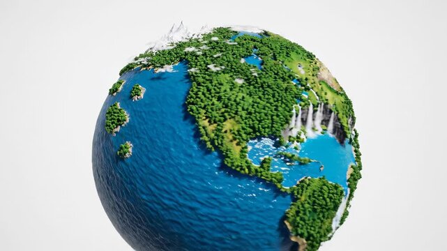 Sweeping simulated aerial view tracking over a photorealistic, lush green miniature planet isolated against a pure white background world, 3d rendering, greenery