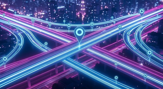 Futuristic smart city highway interchange with digital navigation pins and data flow.