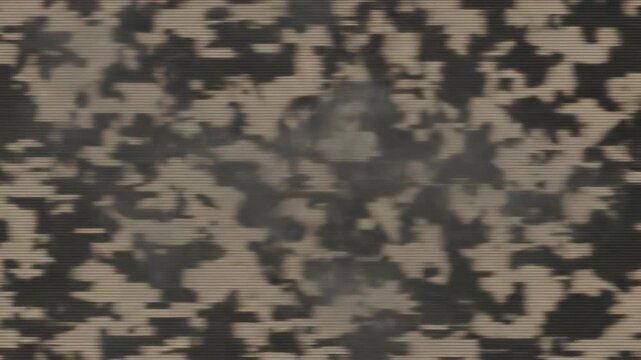 Seamlessly looping digital motion graphic of rapid black and beige tactical camouflage patterns being obscured by stylized digital smoke and distortion effects geometric, cover, vfx