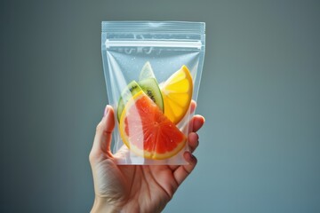 Stunning Individual Holding Holographic Saline Bag Filled with Futuristic Fruit Slices in Front of High-Tech Grey Background.