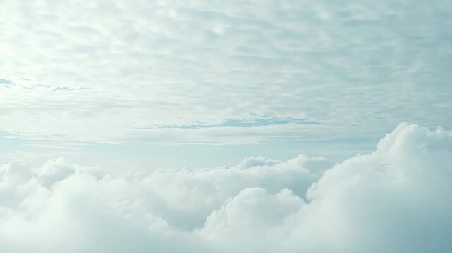 White fluffy cumulus clouds and altocumulus layers creating a serene and expansive aerial view, symbolizing freedom, purity, and natural beauty of the sky