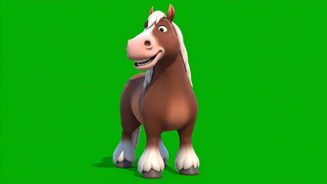 Animated Brown Horse with White Mane and Tail on Green Screen Background