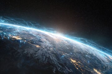 Obraz premium Global technology network connecting regions, highlighting internet advancements and telecommunication impacts on business and society during nighttime