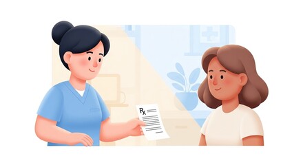Fototapeta premium Female doctor giving prescription paper to patient in medical clinic