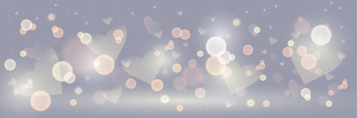 Romantic background banner with translucent hearts, glowing bokeh lights and dreamy pastel gradient.  © Nata Zalesskaya