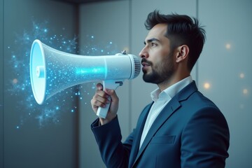 Device of the Future: Handsome man uses cutting-edge AI tech to broadcast holographic news updates from a high-tech megaphone on a stylish metallic backdrop.