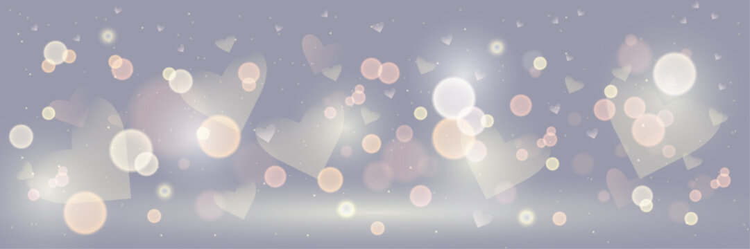 Romantic background banner with translucent hearts, glowing bokeh lights and dreamy pastel gradient. 