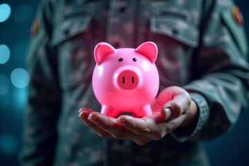 Soldier Holding Holographic Pink Piggy Bank with AI Robot Assistance in Military Financial Management.