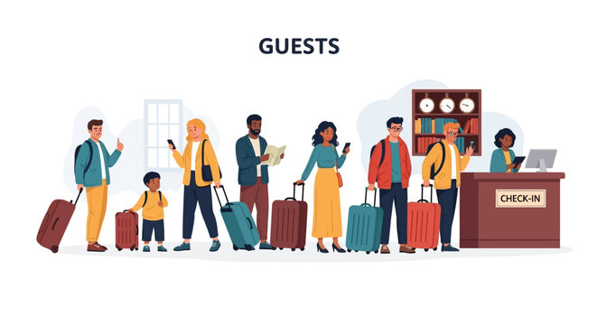 People checking in at a hotel reception with luggage