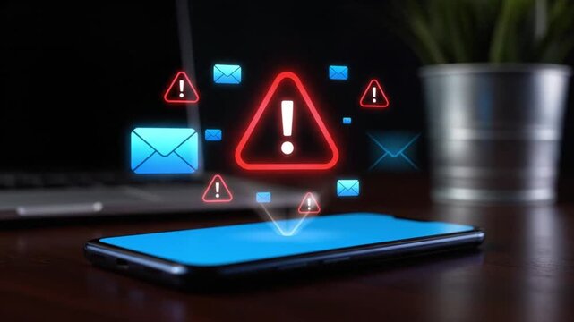 smartphone screen displaying digital security warning alerts and glowing email icons representing mobile phishing threats cyber attacks data breach and online privacy risks